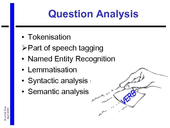 Question Analysis © Johan Bos April 2008 • Tokenisation Ø Part of speech tagging