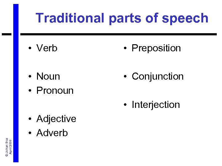 Traditional parts of speech • Verb • Preposition • Noun • Pronoun • Conjunction