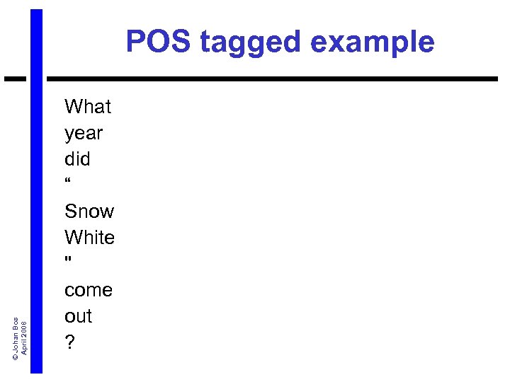© Johan Bos April 2008 POS tagged example What year did “ Snow White