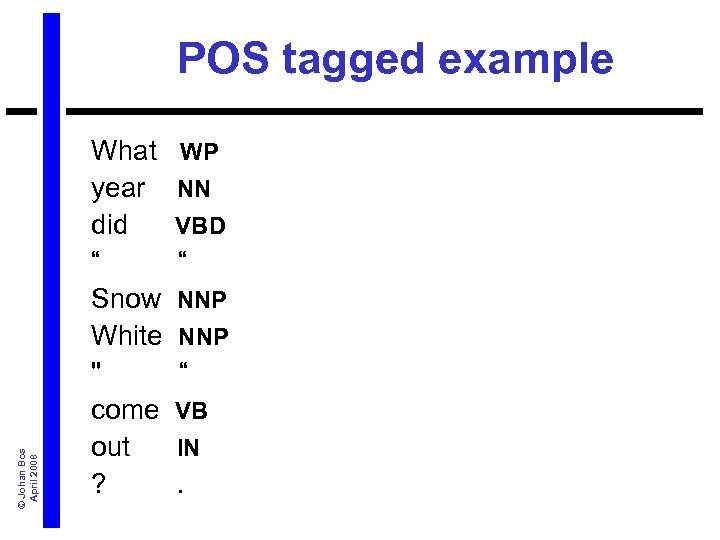© Johan Bos April 2008 POS tagged example What WP year NN did VBD