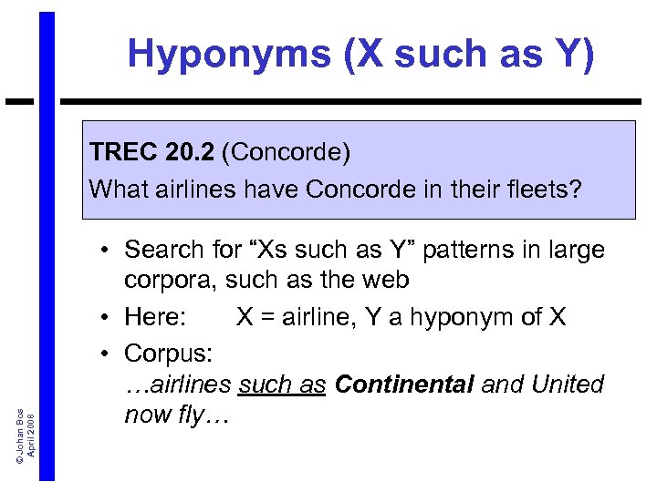 Hyponyms (X such as Y) © Johan Bos April 2008 TREC 20. 2 (Concorde)