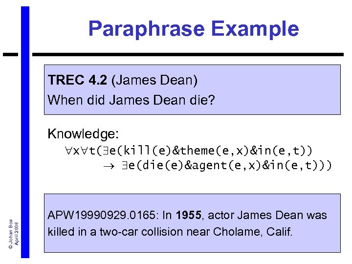 Paraphrase Example TREC 4. 2 (James Dean) When did James Dean die? Knowledge: x