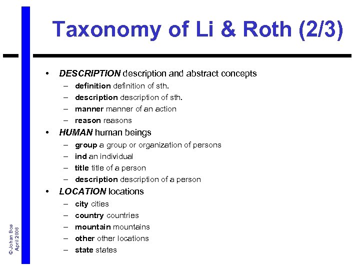 Taxonomy of Li & Roth (2/3) • DESCRIPTION description and abstract concepts – –
