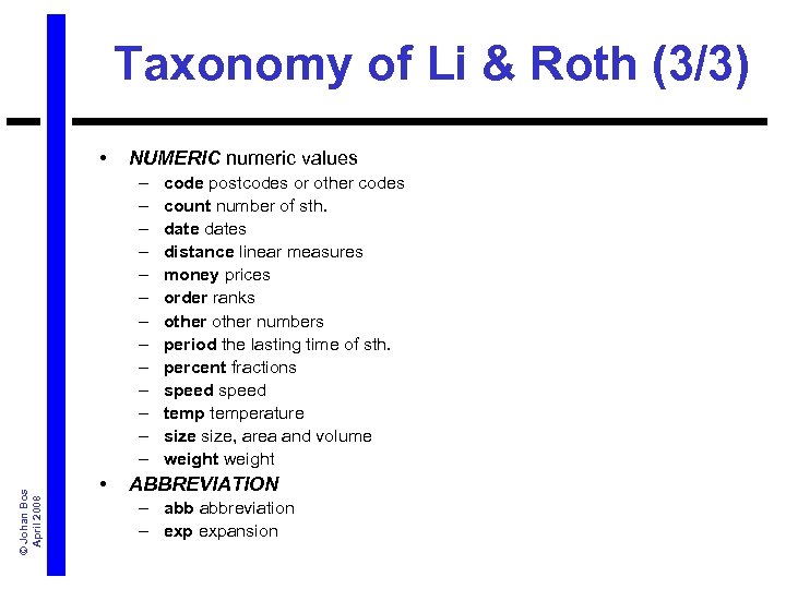 Taxonomy of Li & Roth (3/3) • NUMERIC numeric values © Johan Bos April