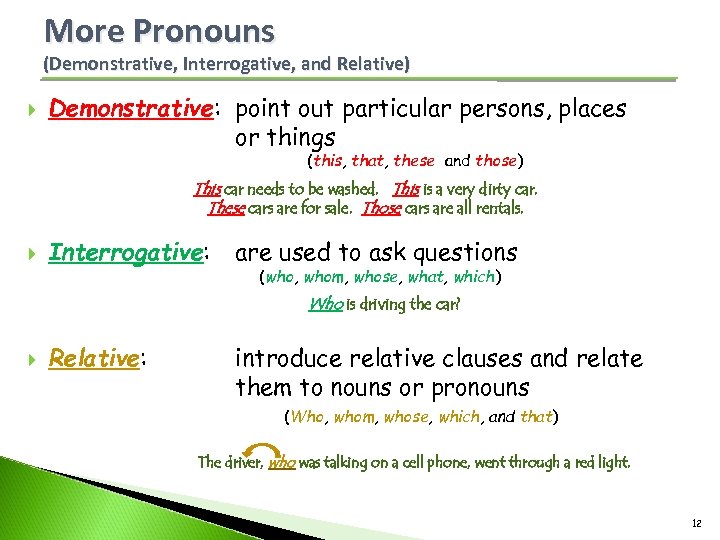 More Pronouns (Demonstrative, Interrogative, and Relative) Demonstrative: point out particular persons, places or things