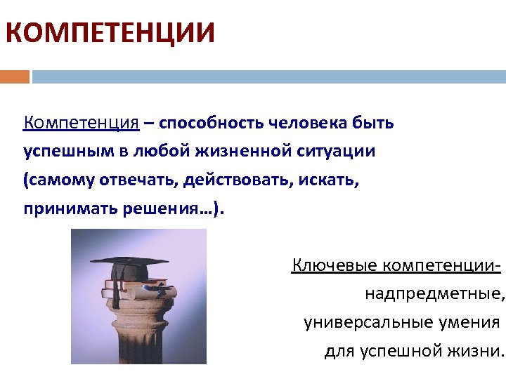 КОМПЕТЕНЦИИ Компетенция – способность человека быть успешным в любой жизненной ситуации (самому отвечать, действовать,