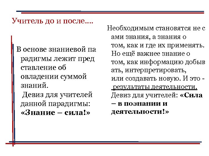 Учитель до и после…. В основе знаниевой па радигмы лежит пред ставление об овладении