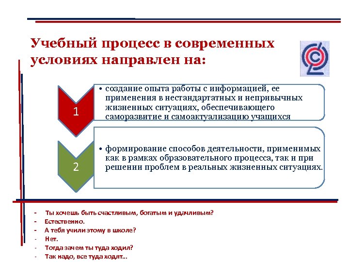 Учебный процесс в современных условиях направлен на: 1 2 - • создание опыта работы