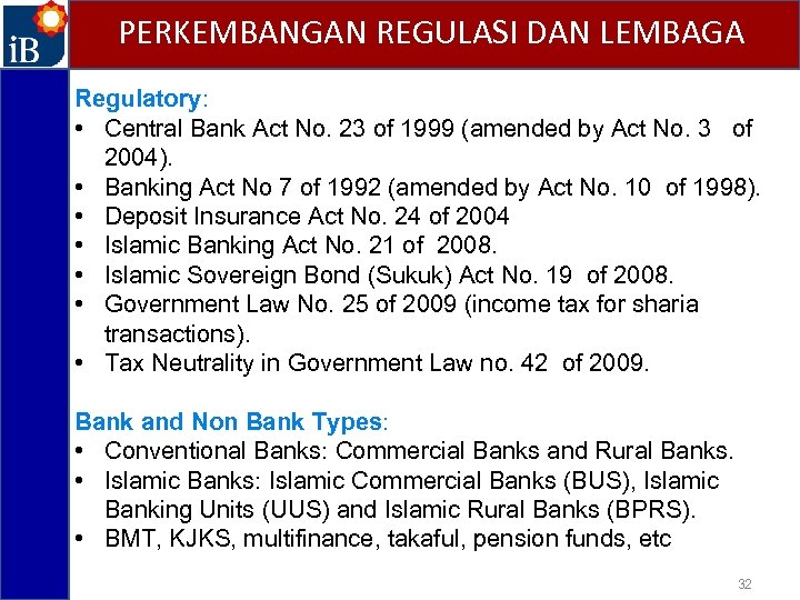 PERKEMBANGAN REGULASI DAN LEMBAGA Regulatory: • Central Bank Act No. 23 of 1999 (amended
