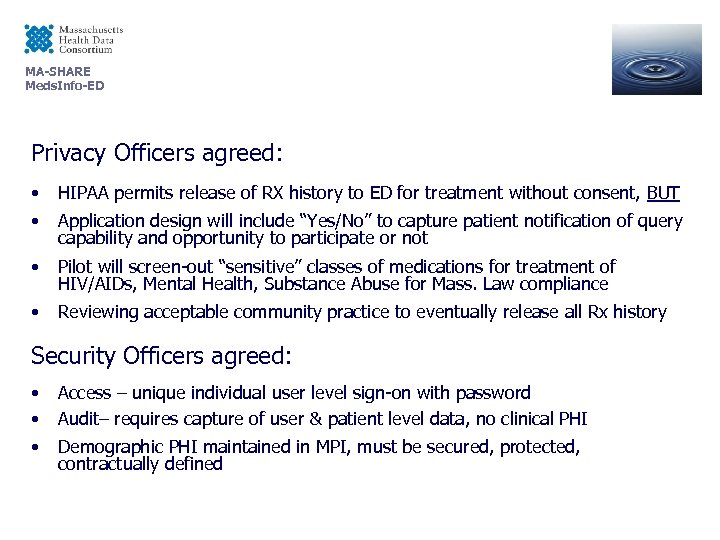 MA-SHARE Meds. Info-ED Privacy Officers agreed: • HIPAA permits release of RX history to