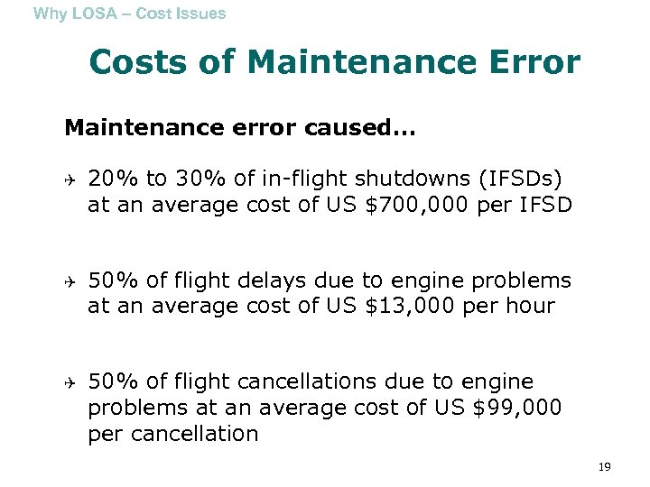 Why LOSA – Cost Issues Costs of Maintenance Error Maintenance error caused… Q 20%