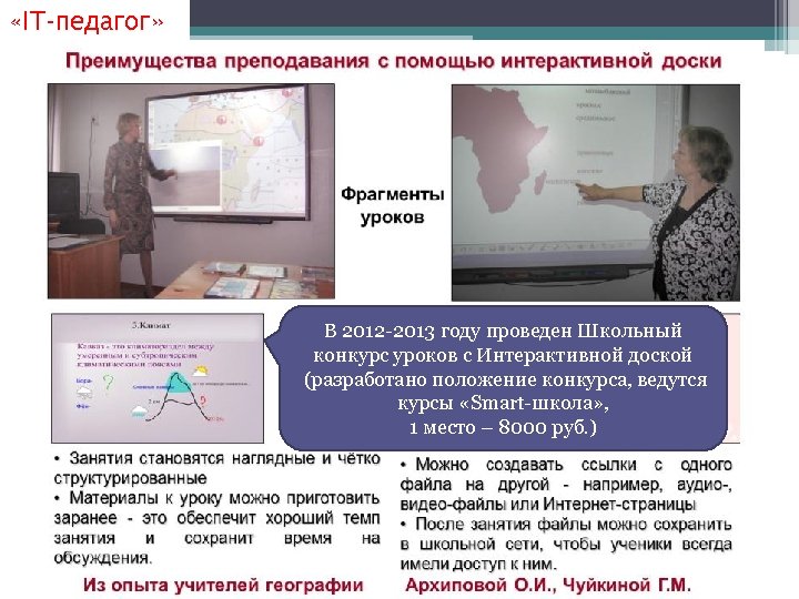  «IT-педагог» В 2012 -2013 году проведен Школьный конкурс уроков с Интерактивной доской (разработано