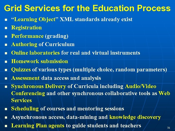 Grid Services for the Education Process n n n “Learning Object” XML standards already
