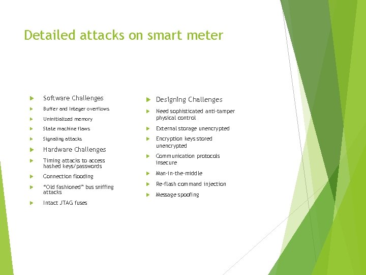 Detailed attacks on smart meter Software Challenges Designing Challenges Buffer and Integer overflows Uninitialized