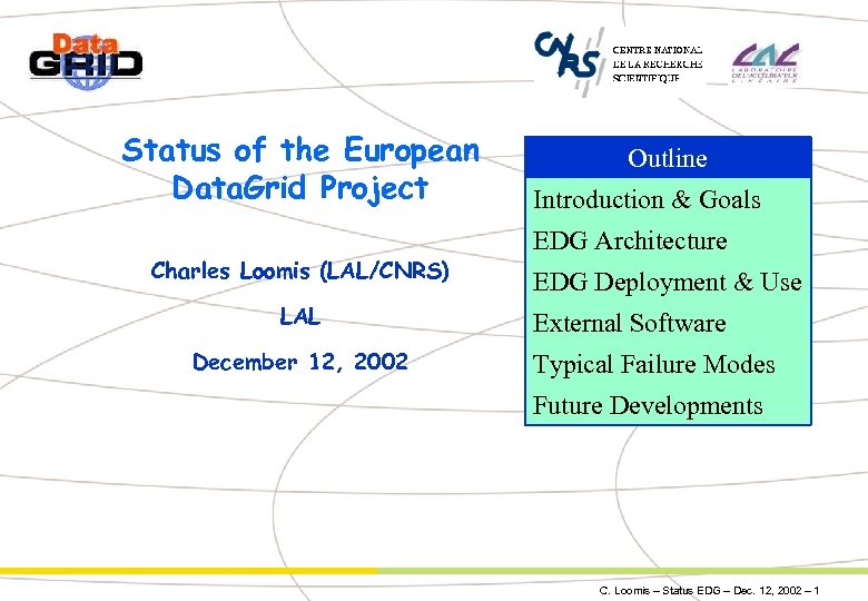 Status of the European Data. Grid Project Charles Loomis (LAL/CNRS) LAL December 12, 2002