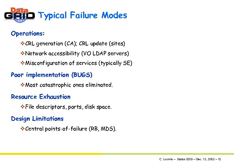Typical Failure Modes Operations: v. CRL generation (CA); CRL update (sites) v. Network accessibility