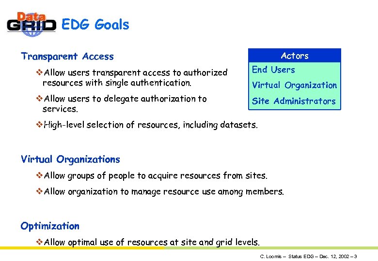 EDG Goals Transparent Access Actors v. Allow users transparent access to authorized resources with