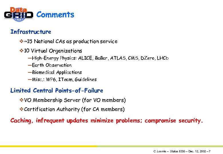 Comments Infrastructure v~15 National CAs as production service v 10 Virtual Organizations —High-Energy Physics: