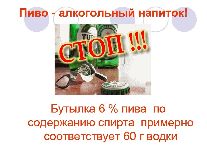 Пиво - алкогольный напиток! Бутылка 6 % пива по содержанию спирта примерно соответствует 60