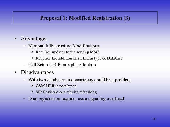 Proposal 1: Modified Registration (3) • Advantages – Minimal Infrastructure Modifications • Requires updates