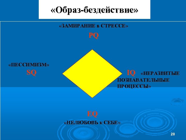  «Образ-бездействие» «ЗАМИРАНИЕ в СТРЕССЕ» PQ «ПЕССИМИЗМ» SQ IQ «НЕРАЗВИТЫЕ ПОЗНАВАТЕЛЬНЫЕ ПРОЦЕССЫ» EQ «НЕЛЮБОВЬ
