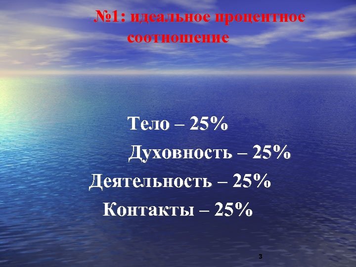 № 1: идеальное процентное соотношение Тело – 25% Духовность – 25% Деятельность – 25%