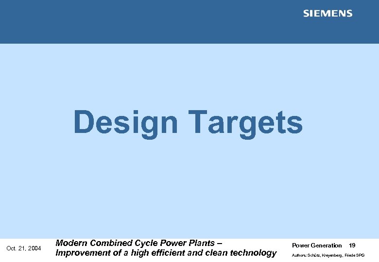 Design Targets Oct. 21, 2004 Modern Combined Cycle Power Plants – Improvement of a