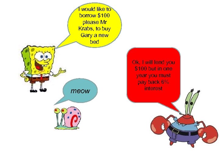 I would like to borrow $100 please Mr Krabs, to buy Gary a new