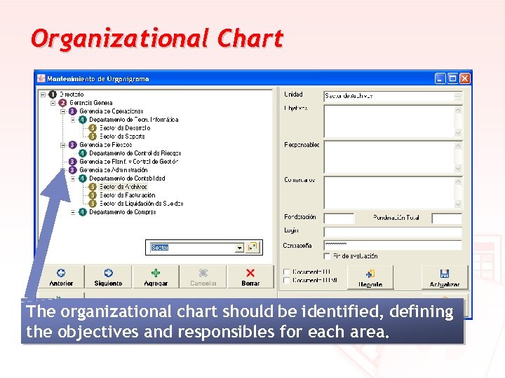 Organizational Chart The organizational chart should be identified, defining the objectives and responsibles for