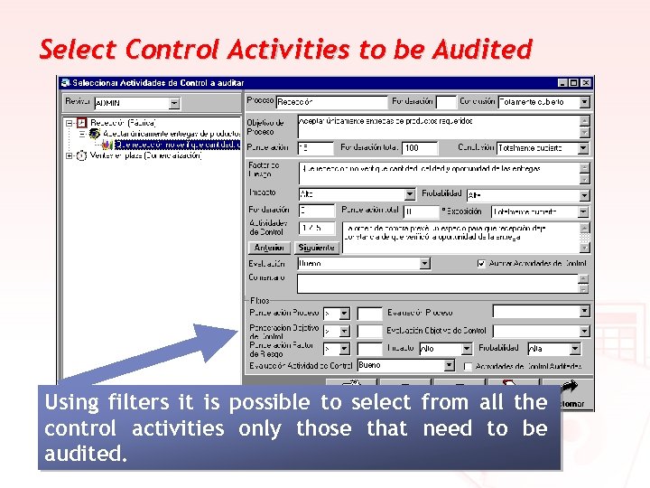 Select Control Activities to be Audited Using filters it is possible to select from