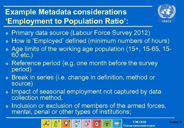 Example Metadata considerations ‘Employment to Population Ratio’: v v v v Primary data source