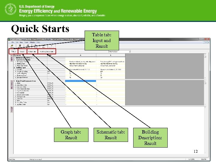 Quick Starts Graph tab: Result Table tab: Input and Result Schematic tab: Result Building