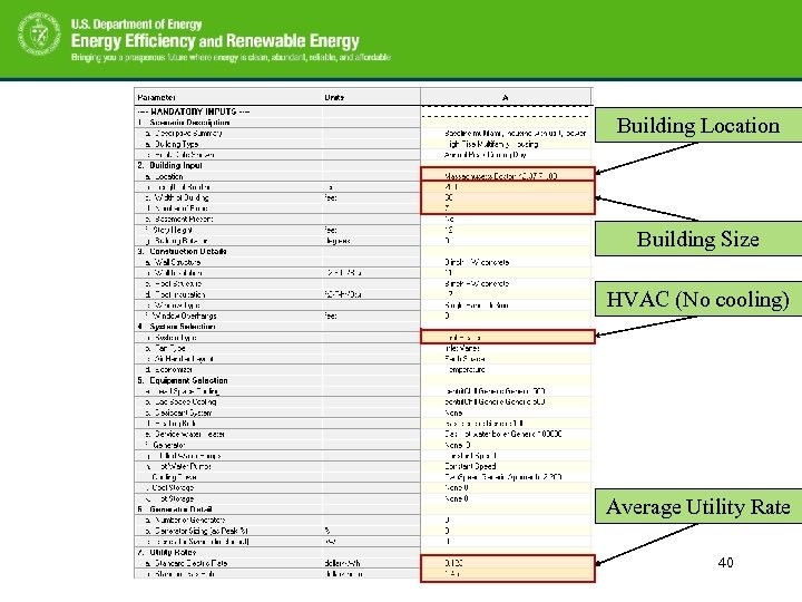 Building Location Building Size HVAC (No cooling) Average Utility Rate 40 