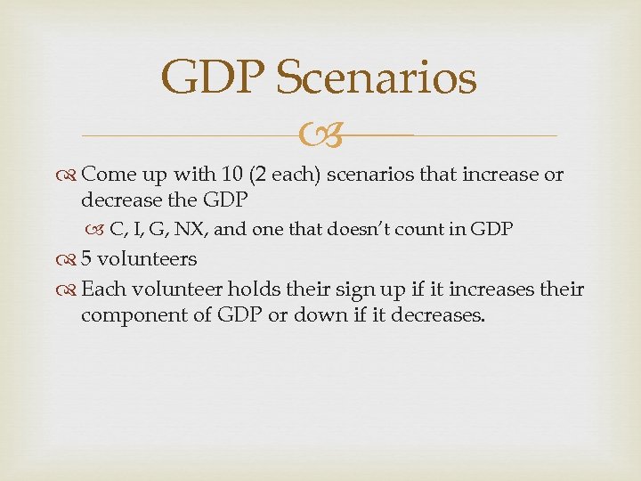 GDP Scenarios Come up with 10 (2 each) scenarios that increase or decrease the