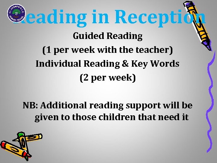 Reading in Reception Guided Reading (1 per week with the teacher) Individual Reading &