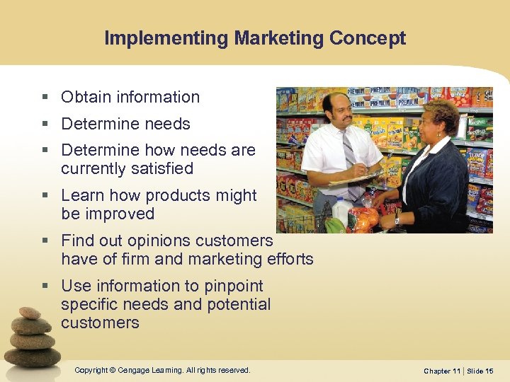 Implementing Marketing Concept § Obtain information § Determine needs § Determine how needs are