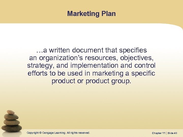 Marketing Plan …a written document that specifies an organization’s resources, objectives, strategy, and implementation