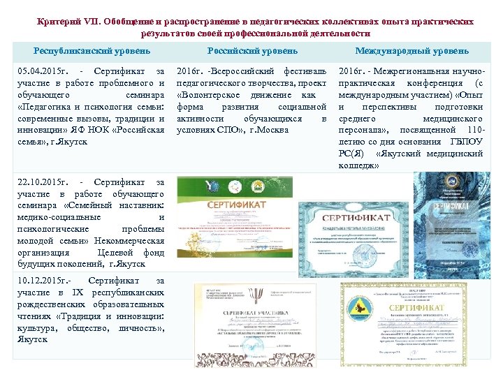 Критерий VII. Обобщение и распространение в педагогических коллективах опыта практических результатов своей профессиональной деятельности