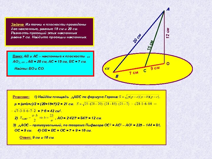м 15 с 20 см Задача Из точки к плоскости проведены две наклонные, равные