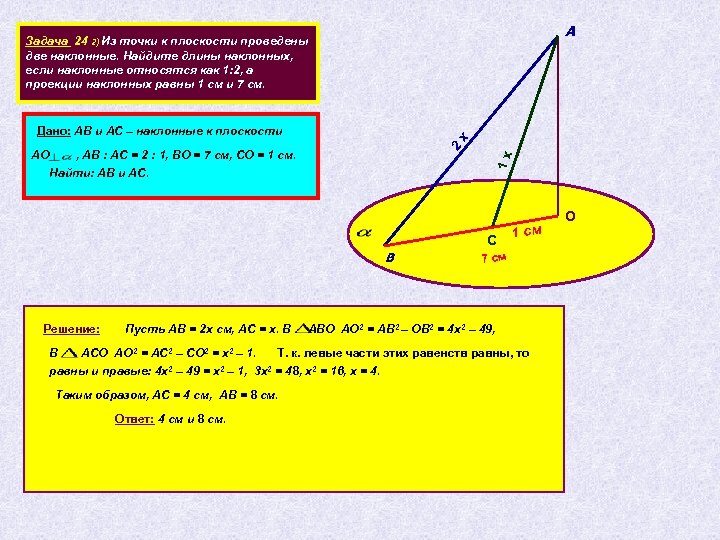 А Задача 24 2) Из точки к плоскости проведены две наклонные. Найдите длины наклонных,