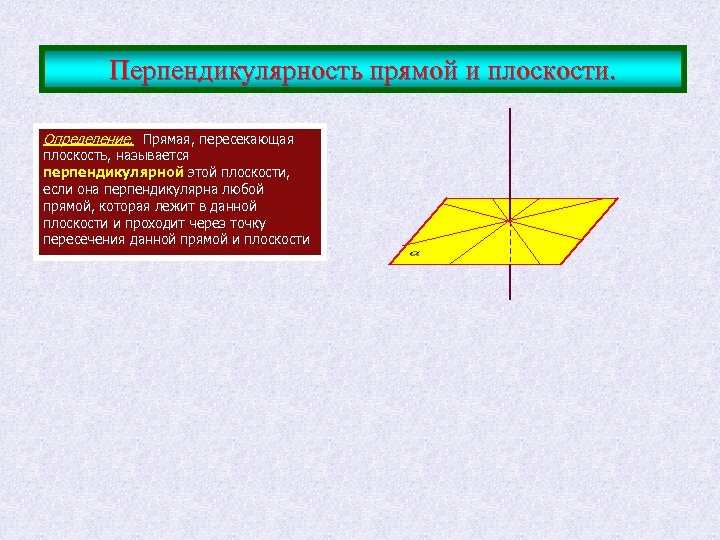 Перпендикулярность прямой и плоскости. Определение. Прямая, пересекающая плоскость, называется перпендикулярной этой плоскости, если она