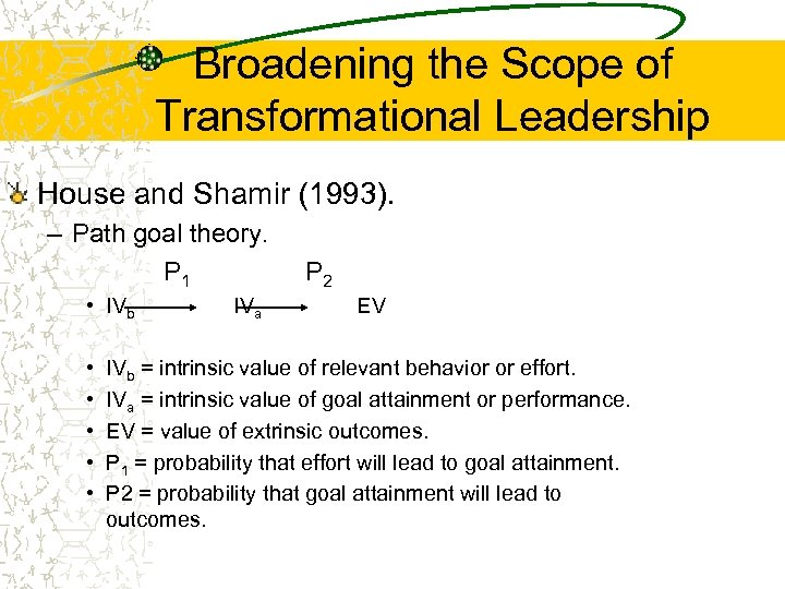 Broadening the Scope of Transformational Leadership House and Shamir (1993). – Path goal theory.