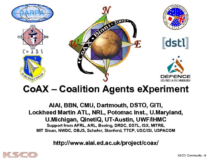 DARPA Co. AX – Coalition Agents e. Xperiment AIAI, BBN, CMU, Dartmouth, DSTO, GITI,