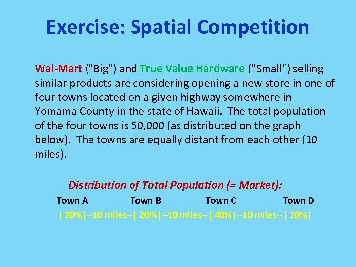 Exercise: Spatial Competition Wal-Mart ("Big") and True Value Hardware ("Small") selling similar products are