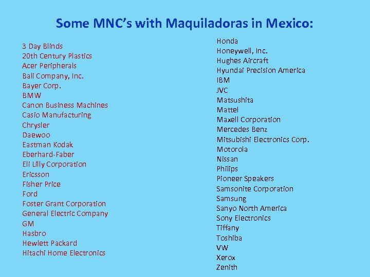 Some MNC’s with Maquiladoras in Mexico: 3 Day Blinds 20 th Century Plastics Acer