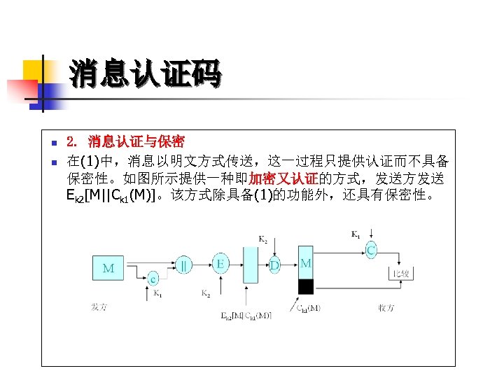 消息认证码 n n 2. 消息认证与保密 在(1)中，消息以明文方式传送，这一过程只提供认证而不具备 保密性。如图所示提供一种即加密又认证的方式，发送方发送 Ek 2[M||Ck 1(M)]。该方式除具备(1)的功能外，还具有保密性。 