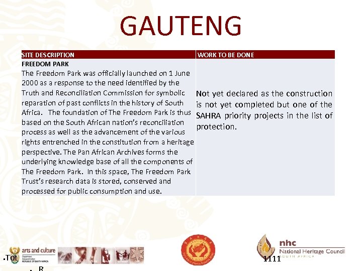 GAUTENG SITE DESCRIPTION FREEDOM PARK WORK TO BE DONE The Freedom Park was officially