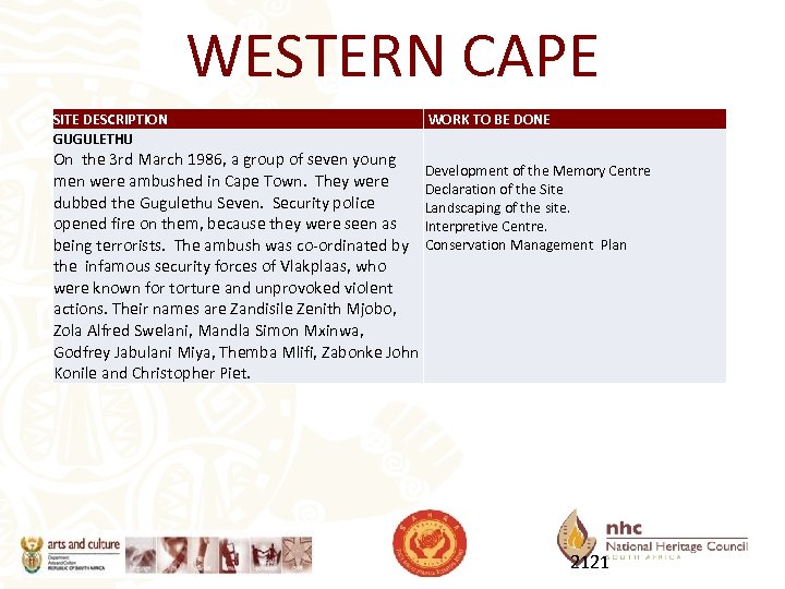 WESTERN CAPE SITE DESCRIPTION GUGULETHU WORK TO BE DONE On the 3 rd March