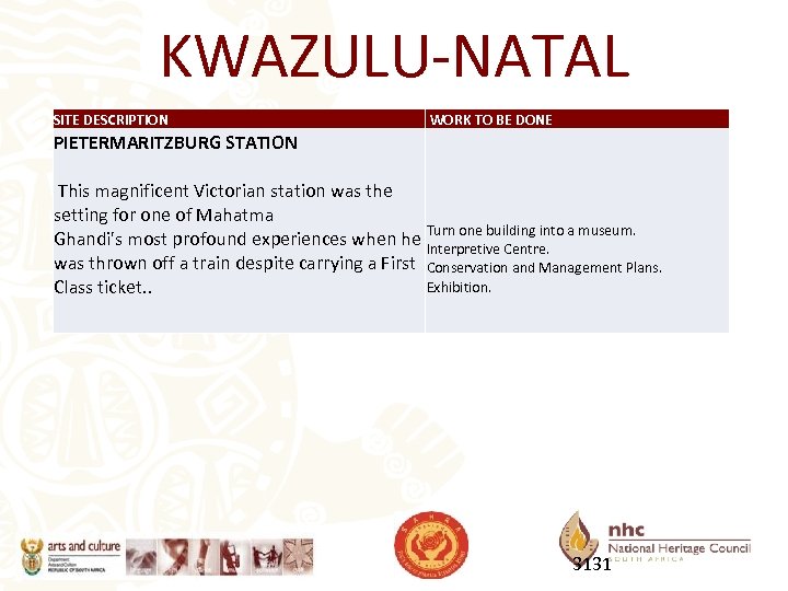 KWAZULU-NATAL SITE DESCRIPTION WORK TO BE DONE PIETERMARITZBURG STATION This magnificent Victorian station was