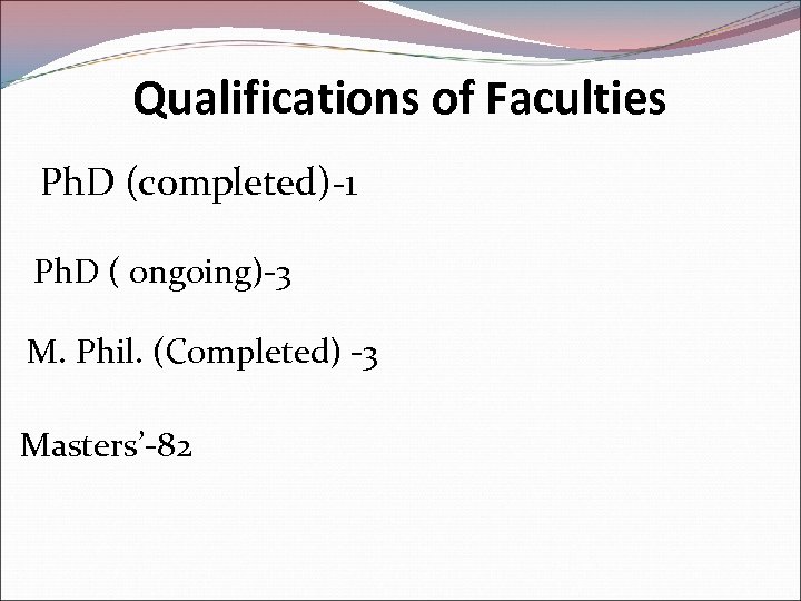 Qualifications of Faculties Ph. D (completed)-1 Ph. D ( ongoing)-3 M. Phil. (Completed) -3